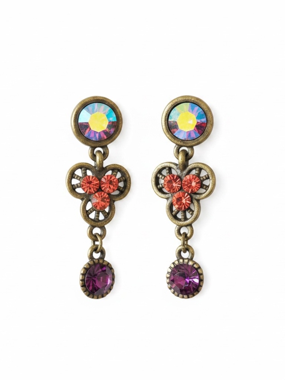 Cost Plus World Market Bronze Drop Earrings with Purple and Coral Crystals